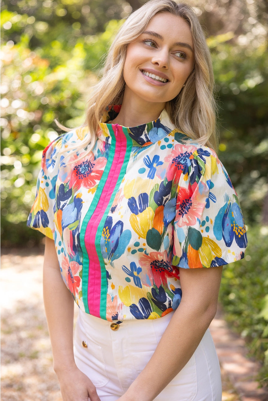 Watercolor stripe floral 1/4 zip blouse