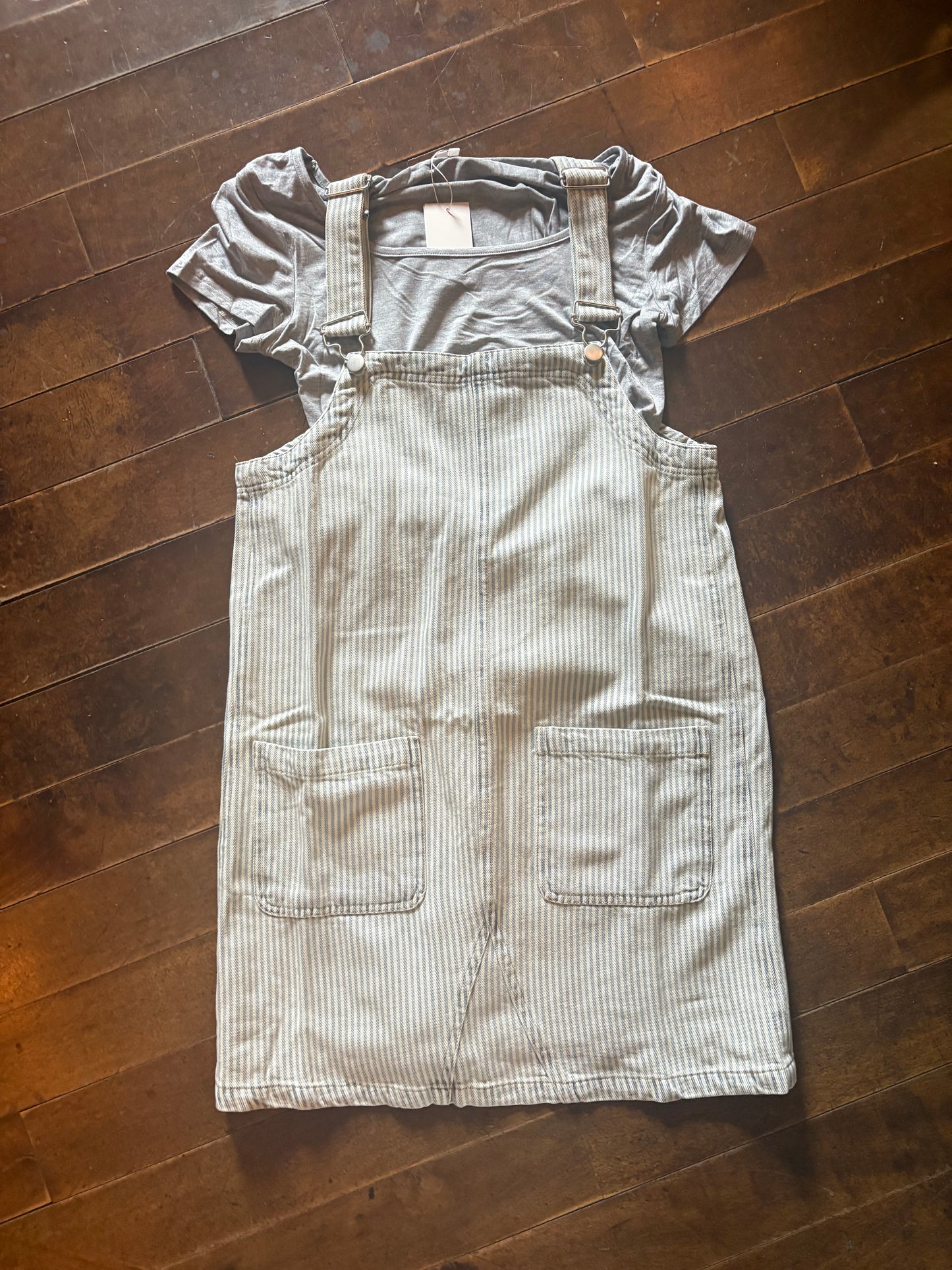 Striped denim overall dress
