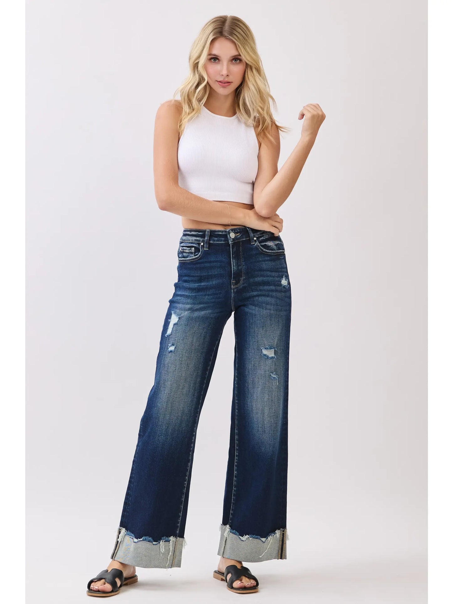 High Rise Stretch Wide Leg w/ Cuffed Hem Jeans