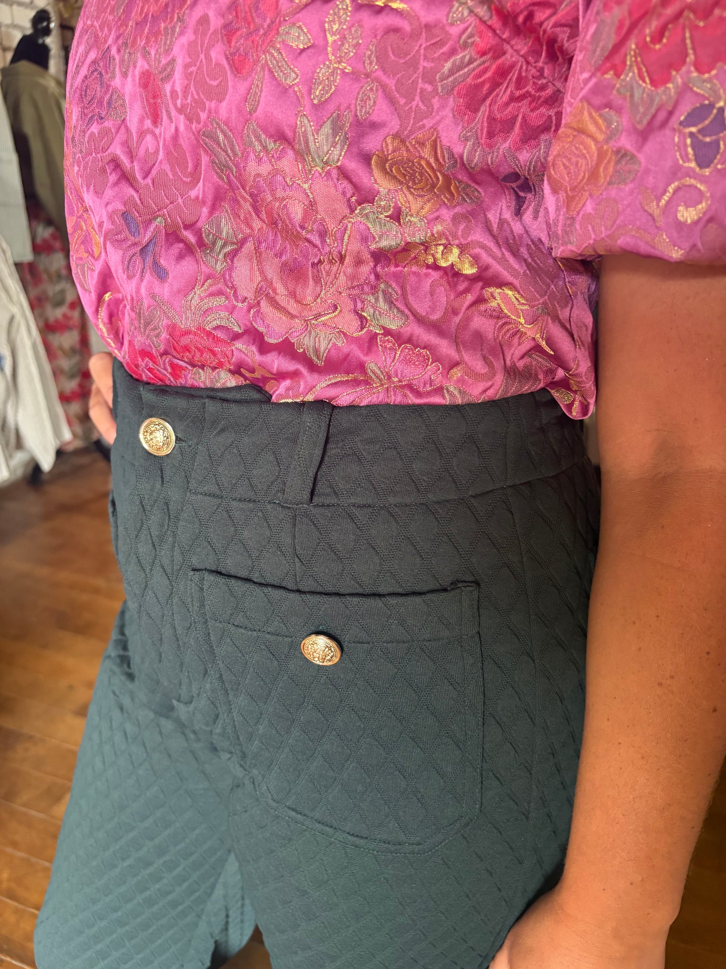 Diamond textured gold Button straight leg pants