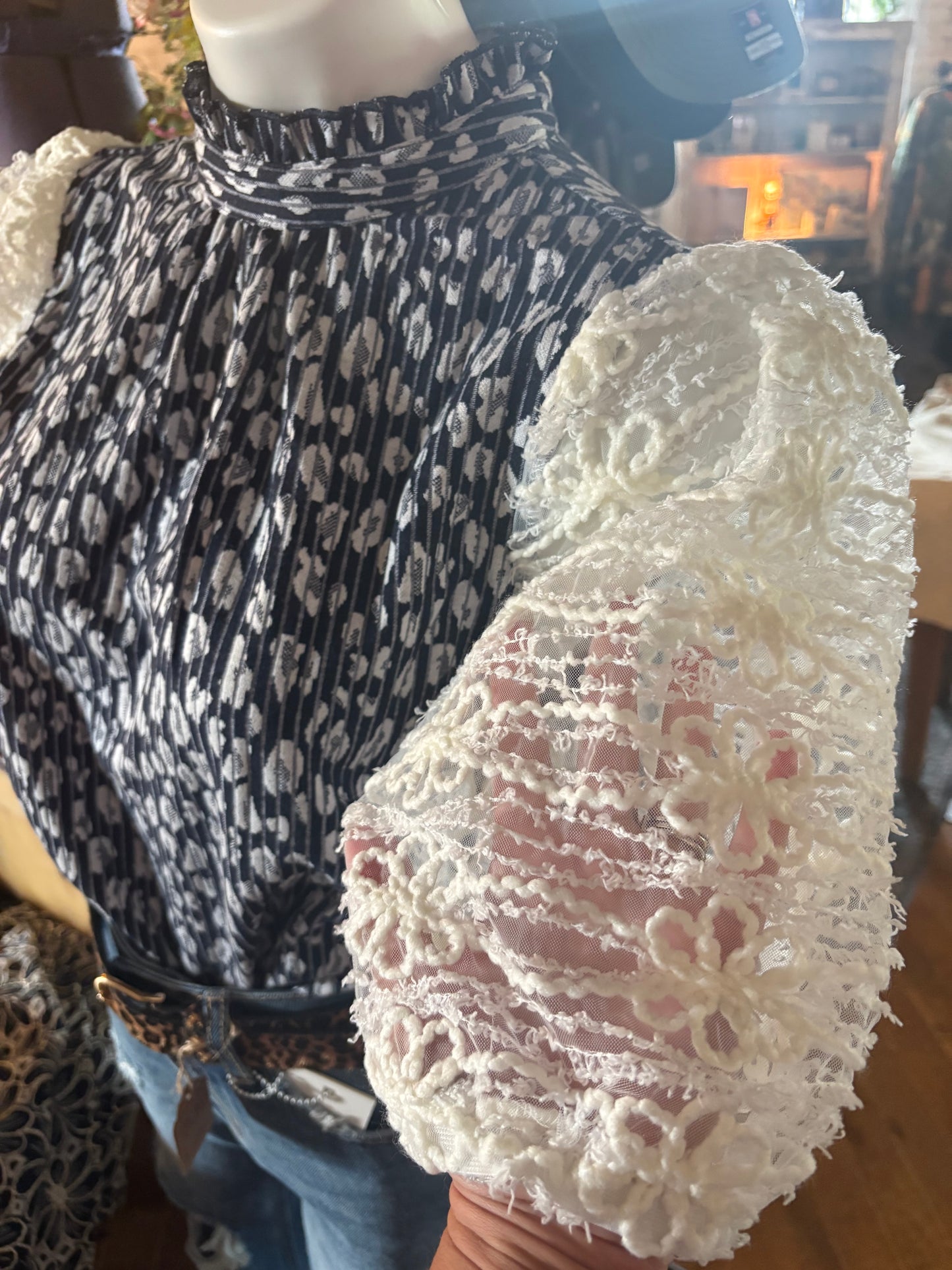 Lace Half Puff Sleeve Animal Print Top