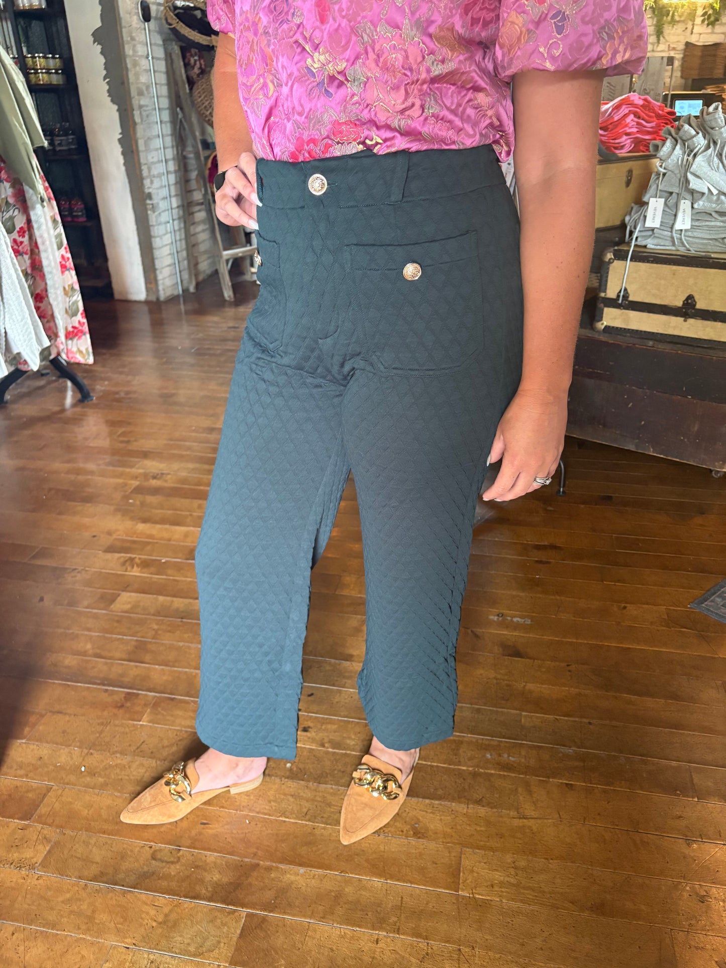 Diamond textured gold Button straight leg pants