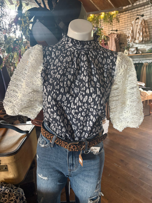 Lace Half Puff Sleeve Animal Print Top