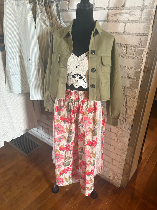 Floral Eyelet Side Elastic Waist Wide Leg Pants