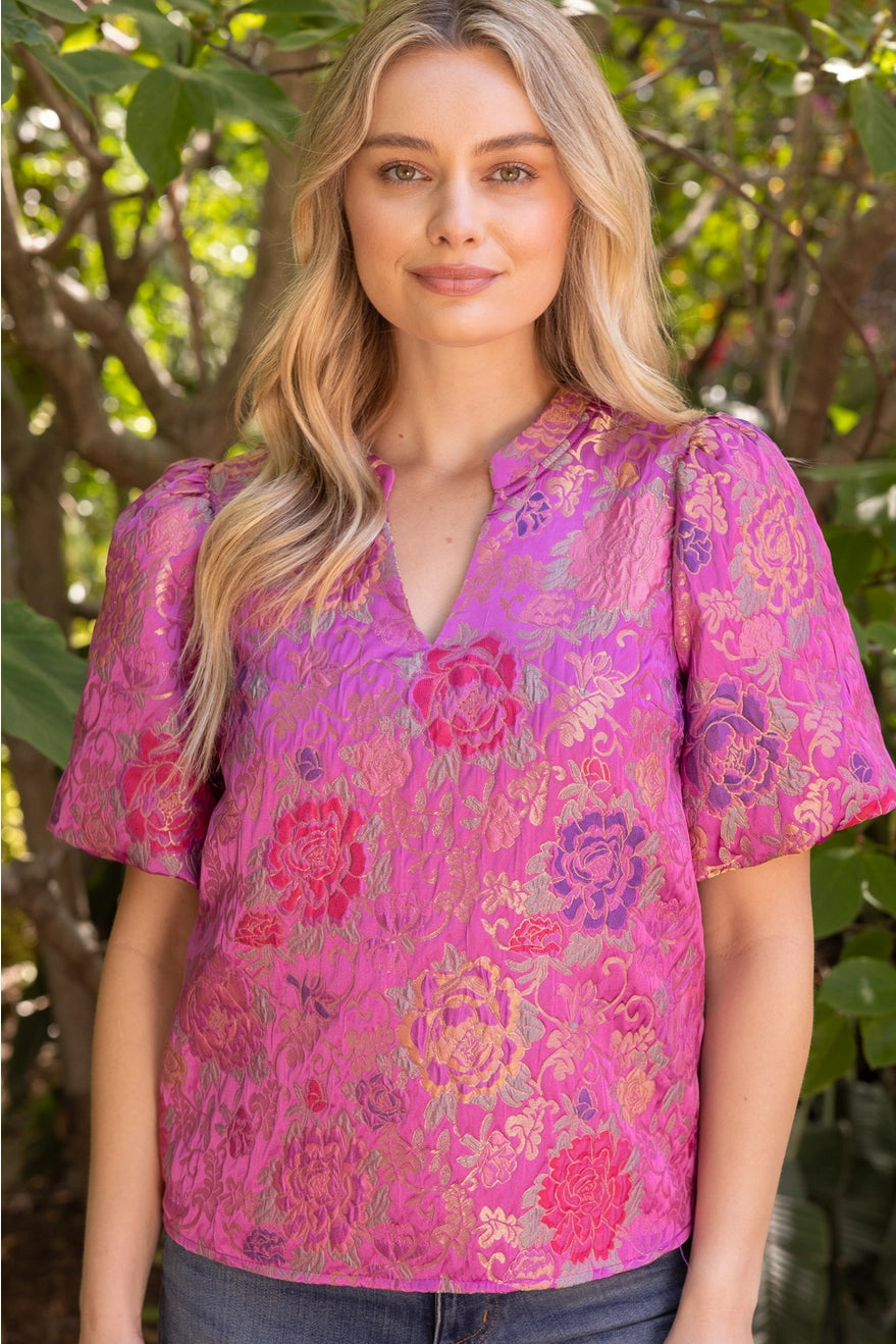 Short Bubble Sleeve Floral Jacquard Top
