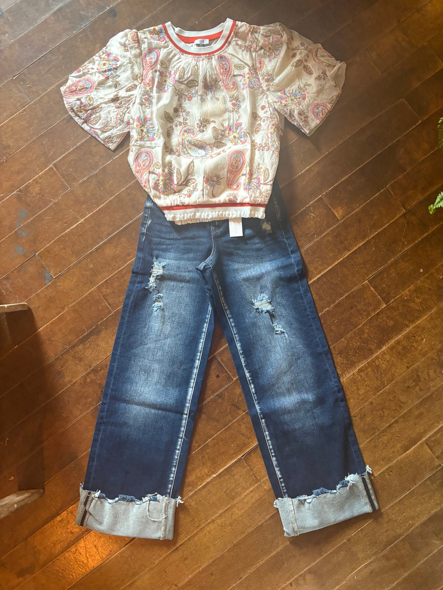 High Rise Stretch Wide Leg w/ Cuffed Hem Jeans